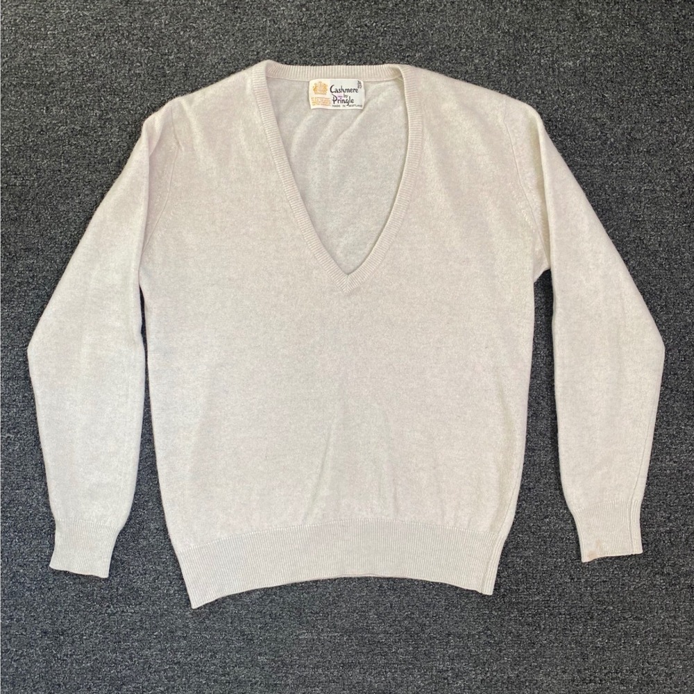 Vintage Pringle 100% Cashmere V-Neck Sweater Cream Mens 34 Casual Ribbed Money